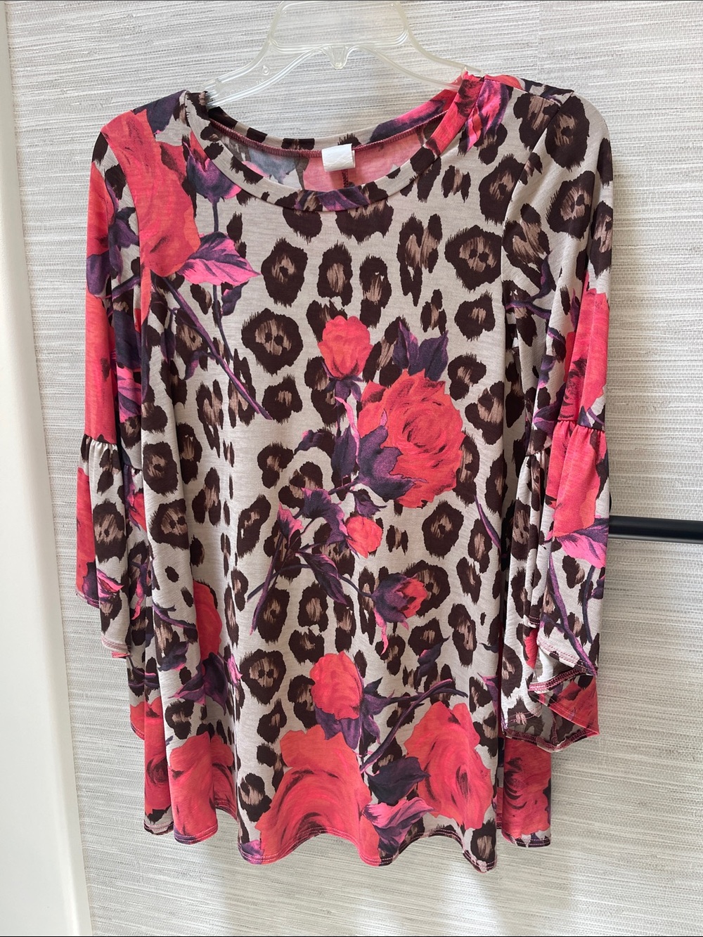 Adrienne Vittadini Coral Floral & Leopard Print Bell Sleeve Top